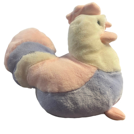 Vintage Stuffed Chicken/Rooster Made in Korea Soft, Fluffy Pastel Pink, Blue and White