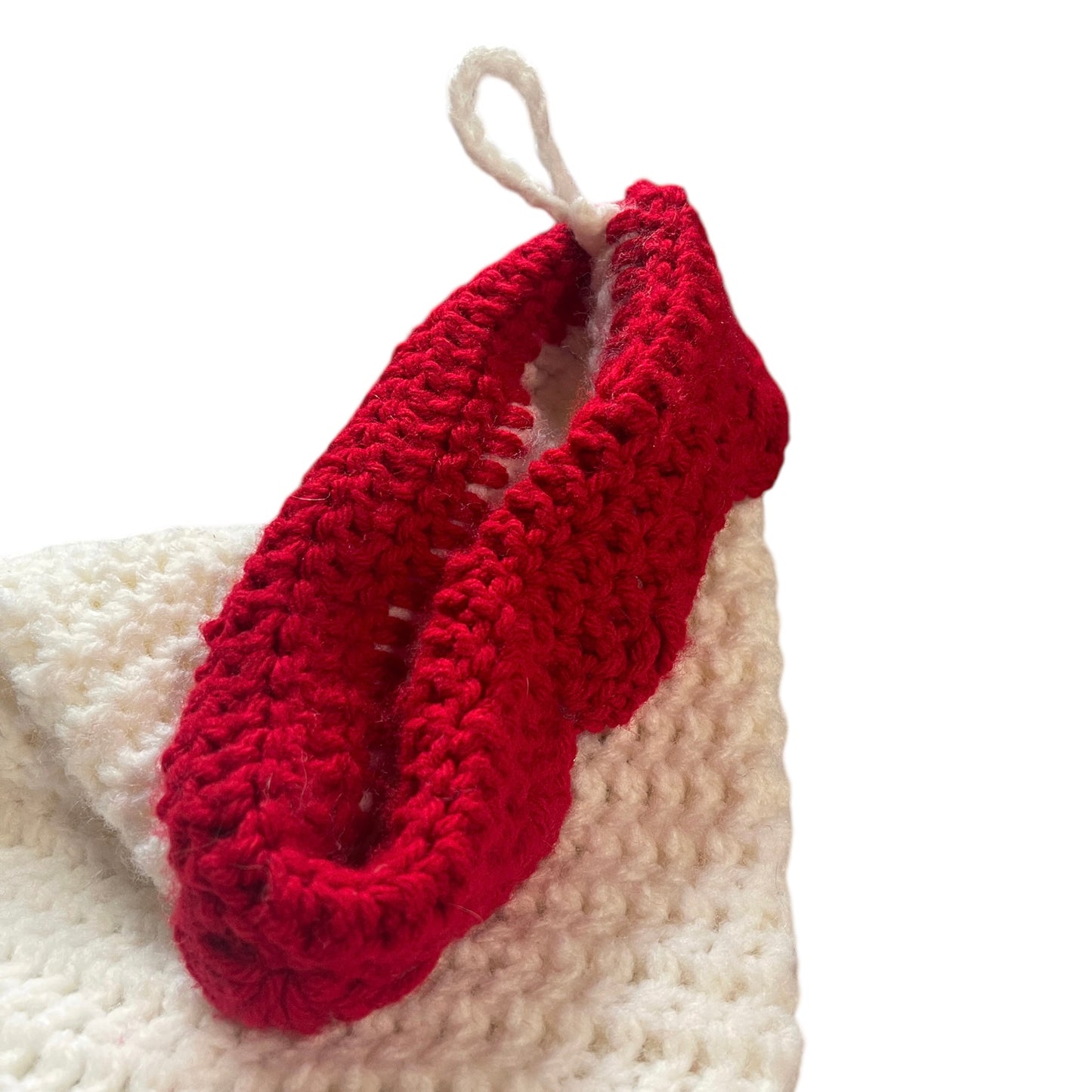 Chunky White and Red Hand Knit/Crochet Christmas Stocking, Scalloped Cuff in GUC