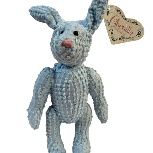 Chenille Sensory 8" 100%  Blue Cotton Lop Eared  Bunny. Black Bead Eyes, Spiky Whiskers& Pink Nose