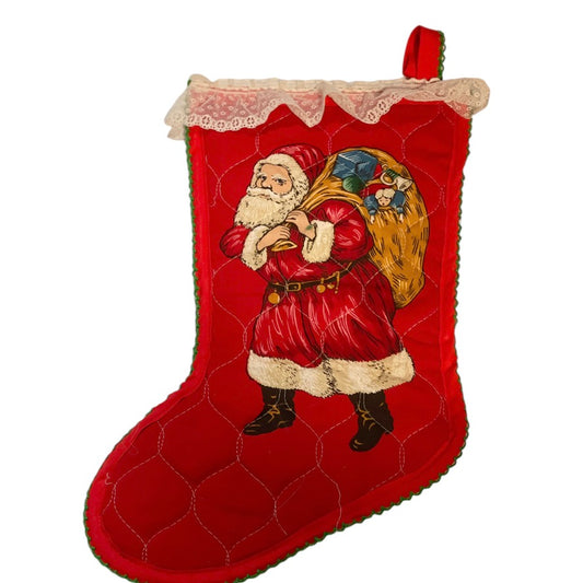 Handmade Quilted Lace Trimmed Vintage Print Santa Christmas Stocking with Crochet Trim