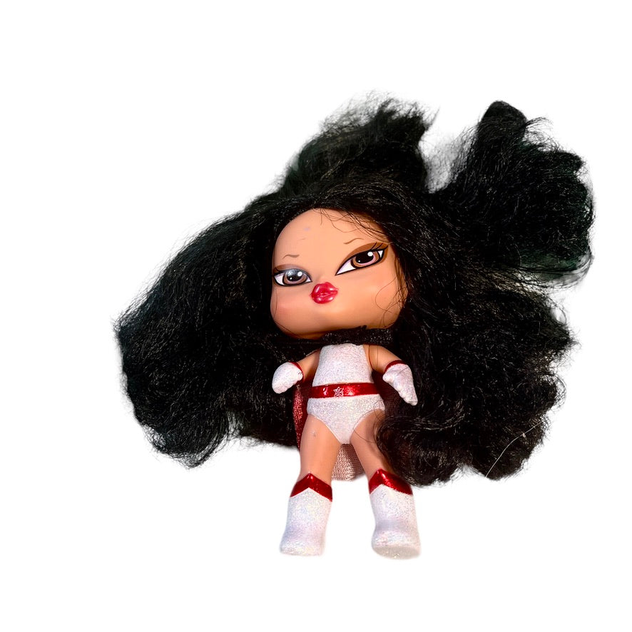 Bratz Super Babyz Superhero, 'Jade,' 5" Doll Luxurious Black Hair White & Red Glitter Outfit with Cape