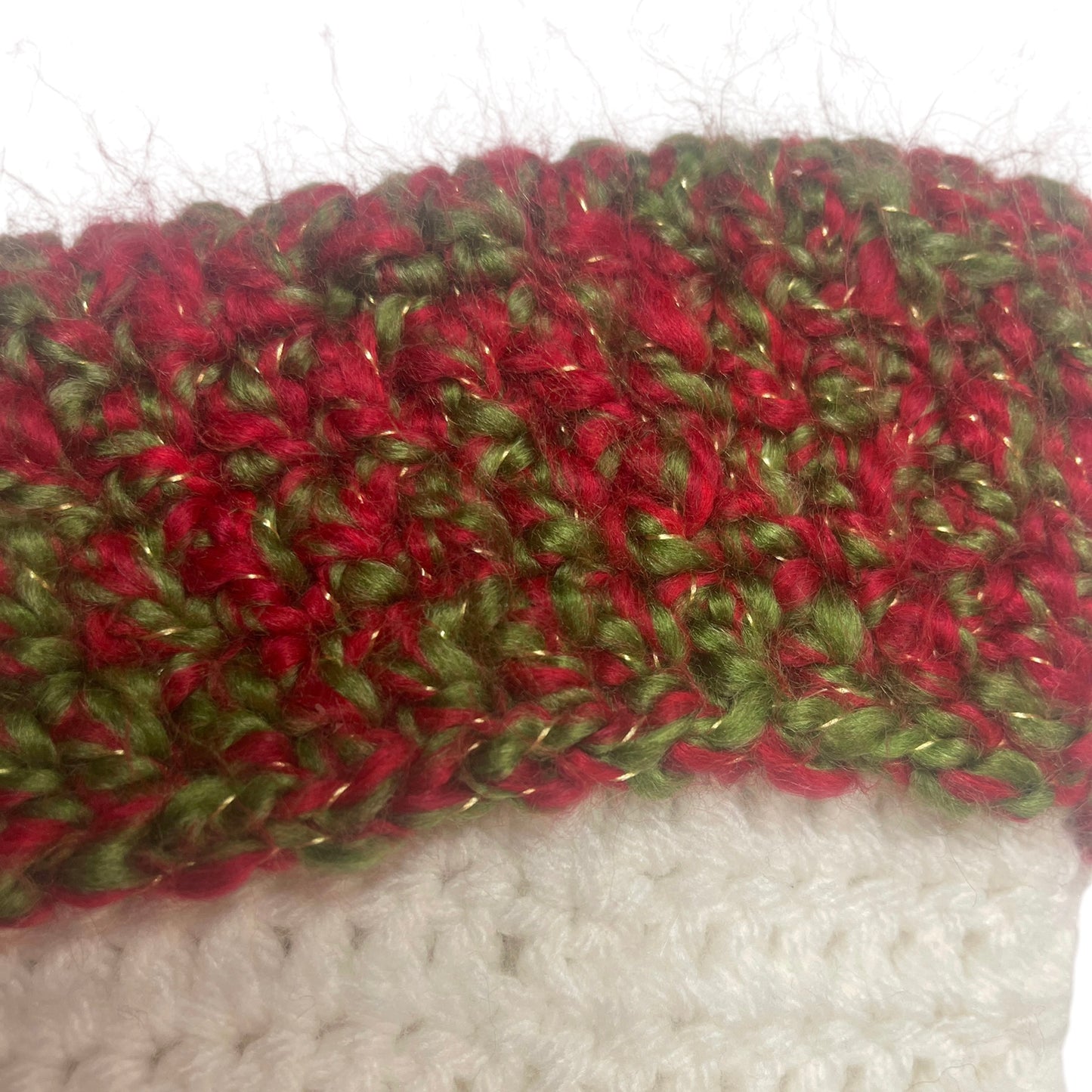 Handmade Chunky White Knit/Crochet Christmas Stocking with Veriegated Green, Red, Gold Cuff & Toe