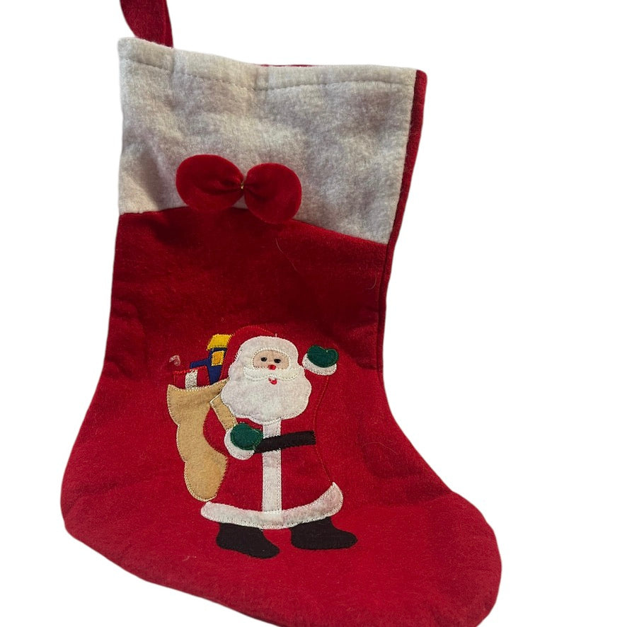 Red Felt Christmas Stocking with a Detailed Santa & Toy Bag Applique & Red Felt Bow