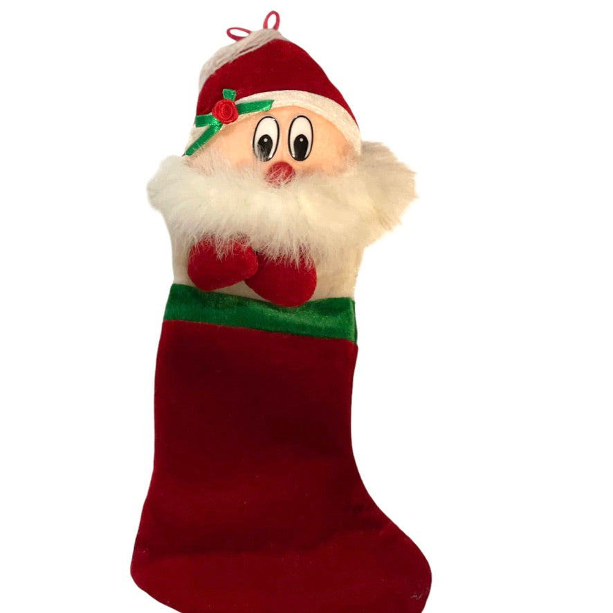 Adorably Detailed 14" Christmas Stocking with a Furry Bearded Santa, Plastic Eyes EUC