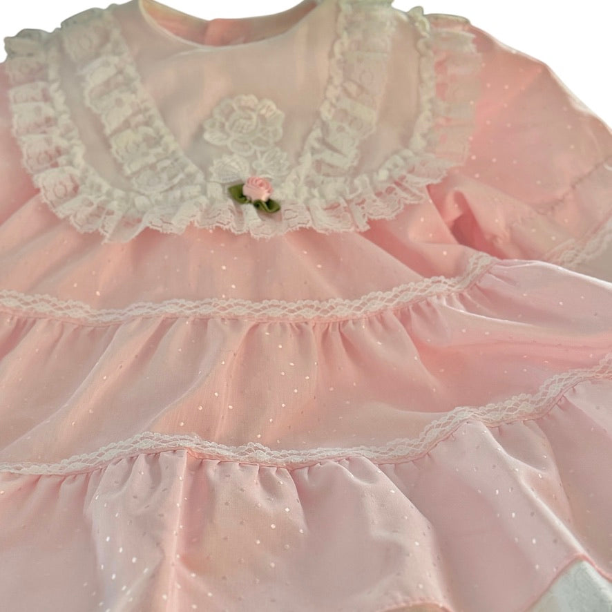 Vintage Little Princess Dainty Pink Cotton Party Dress, White Lace Collar with Satin Rosette