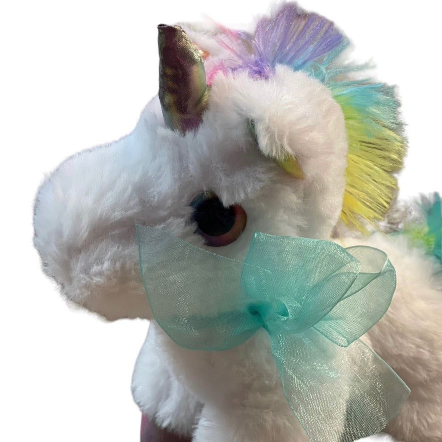 7" White Unicorn Stuffed Animal Plush With Rainbow Horn, Hooves, Ears and Tail