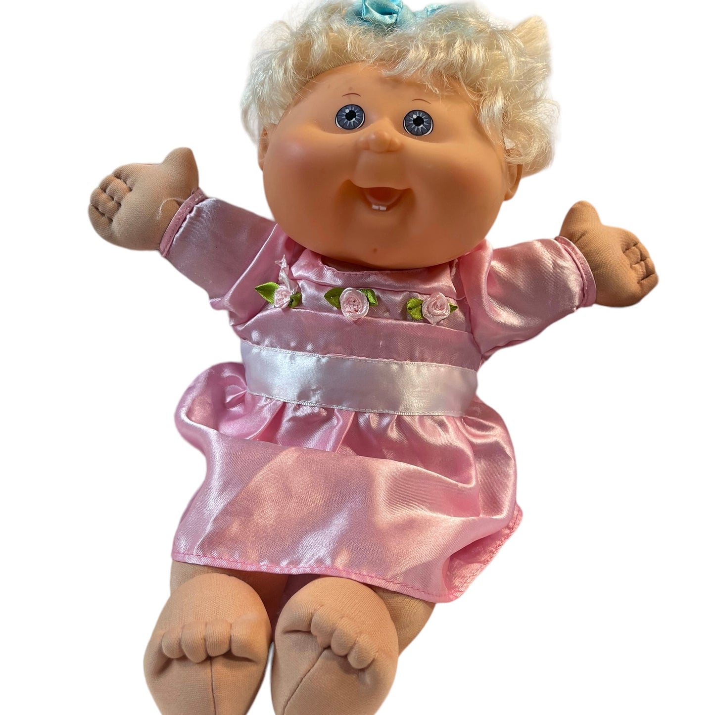 Sweet Cabbage Patch Doll, Blond, Blue Eyes, Tiny Teeth + a Dimple in her Chin! Pink Satin Dress