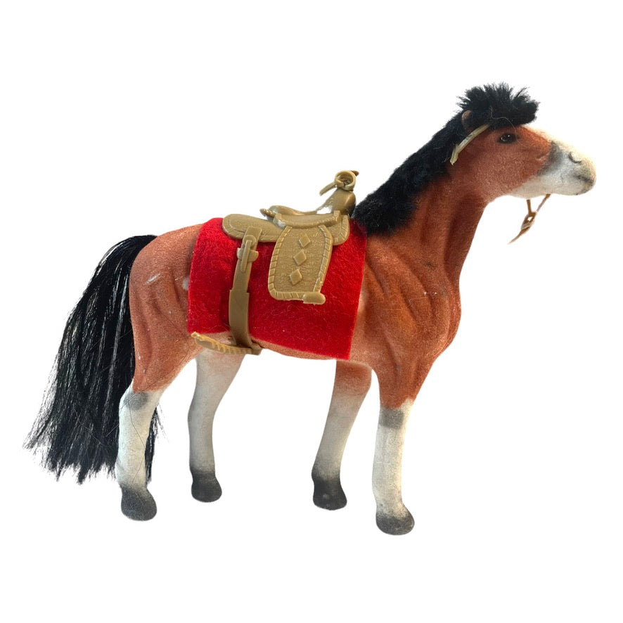 Vintage Toy Plastic Velvet Flocked Coated Felt Brown Horse & Saddle