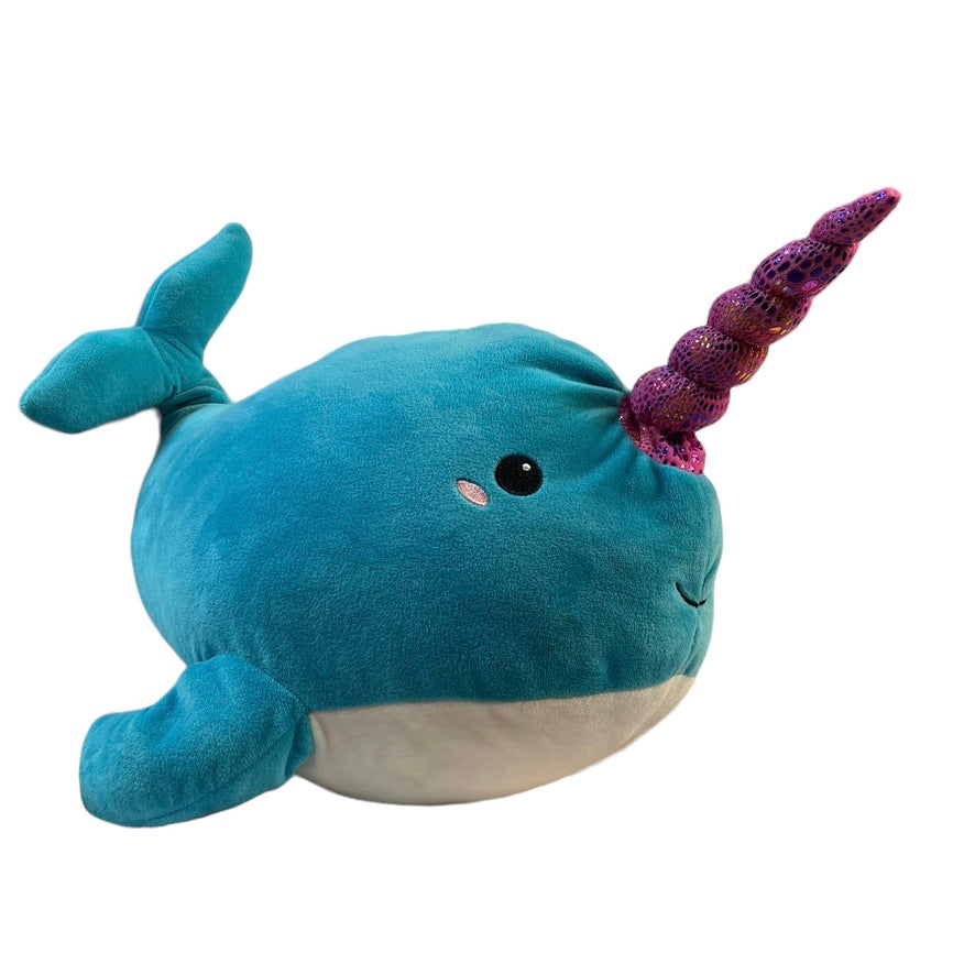 Stuffed Turquoise Narwhal Pillow Plush Toy with Pink Sparkle Tusk 15"