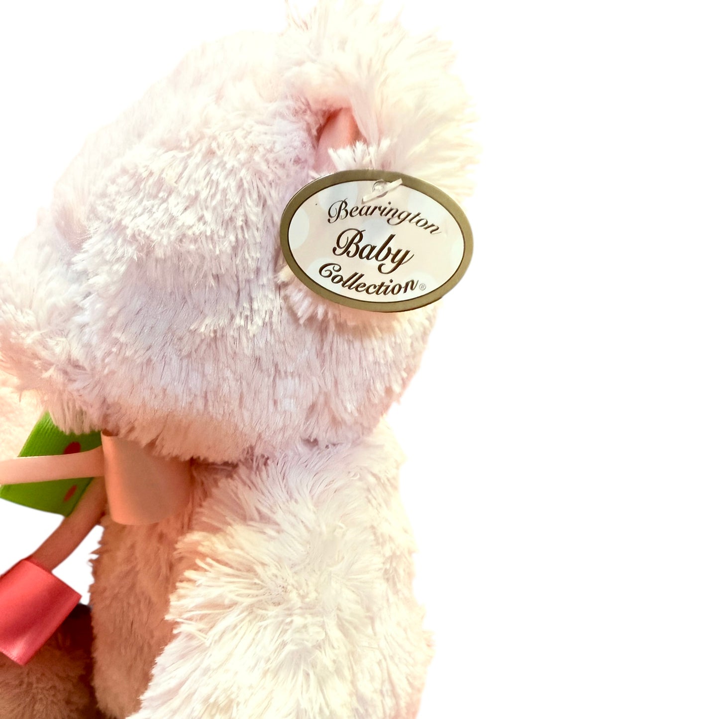 Bearington Baby's First Bear & Ribbon Tag Lovey, Shaggy Pink, Satin Accents, Stitched Features,