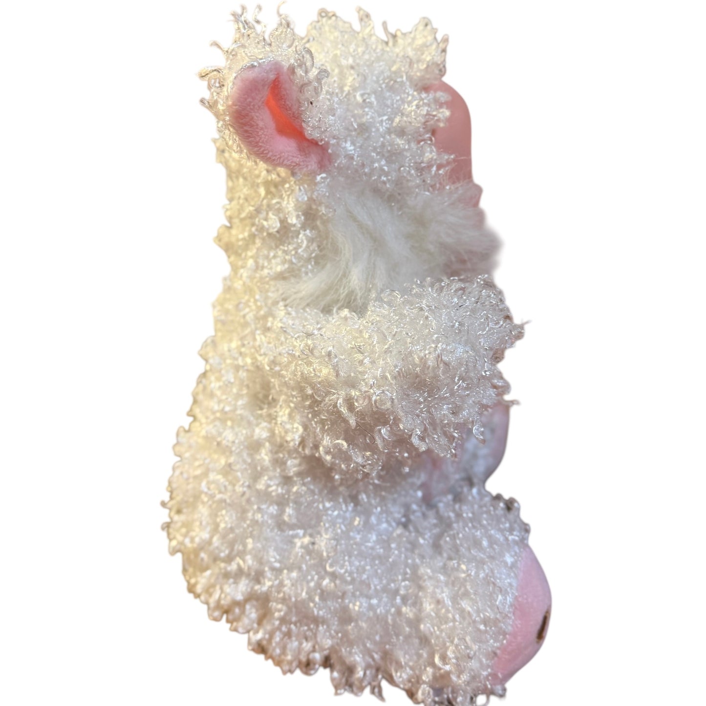 Adorable 8" Seated Bunny Baby Doll, Vinyl Face, Brown Eyes & Curly White Body, Pink Accents