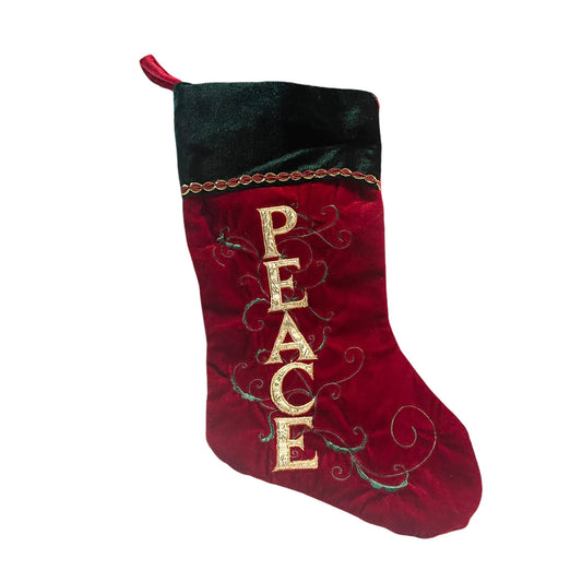 Lovely PEACE Christmas Stocking in Deep Red & Green Velvet Delicately Embroidered in EUC