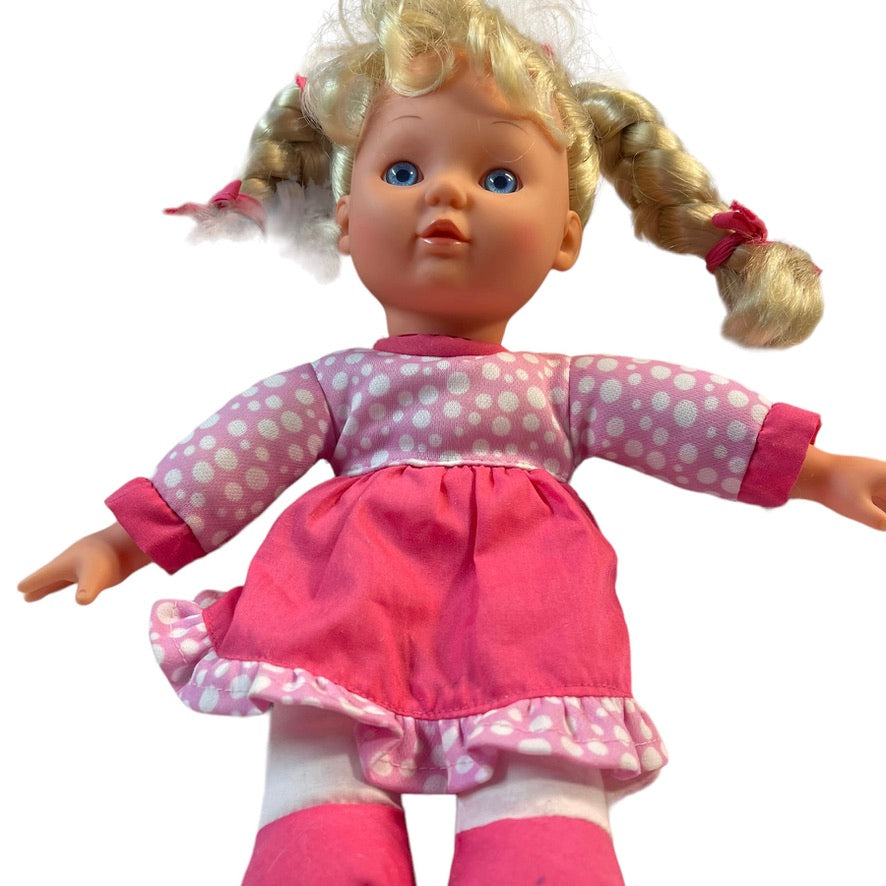 My Sweet Baby 12" Doll Blue Eyes, Blond Braids, Cloth Body with Pink Dress/Shoes