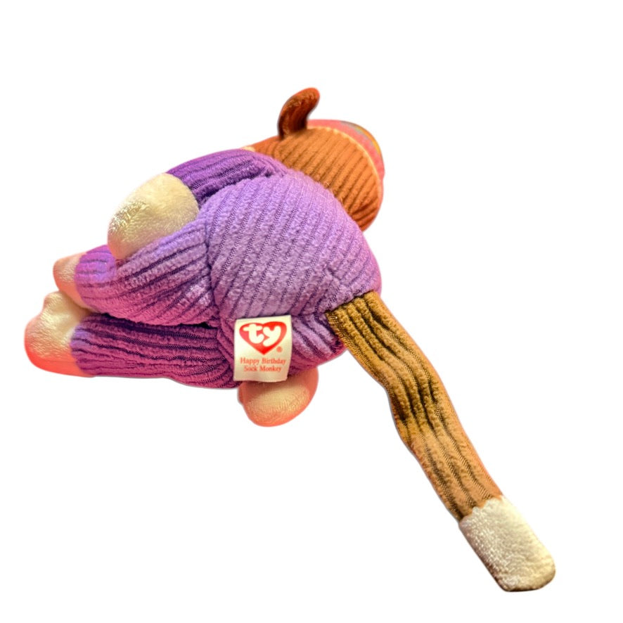 Retired Ty 'Happy Birthday' Sock Monkey, 11", Corduroy Body, Button Eyes, Party Hat & Tie!