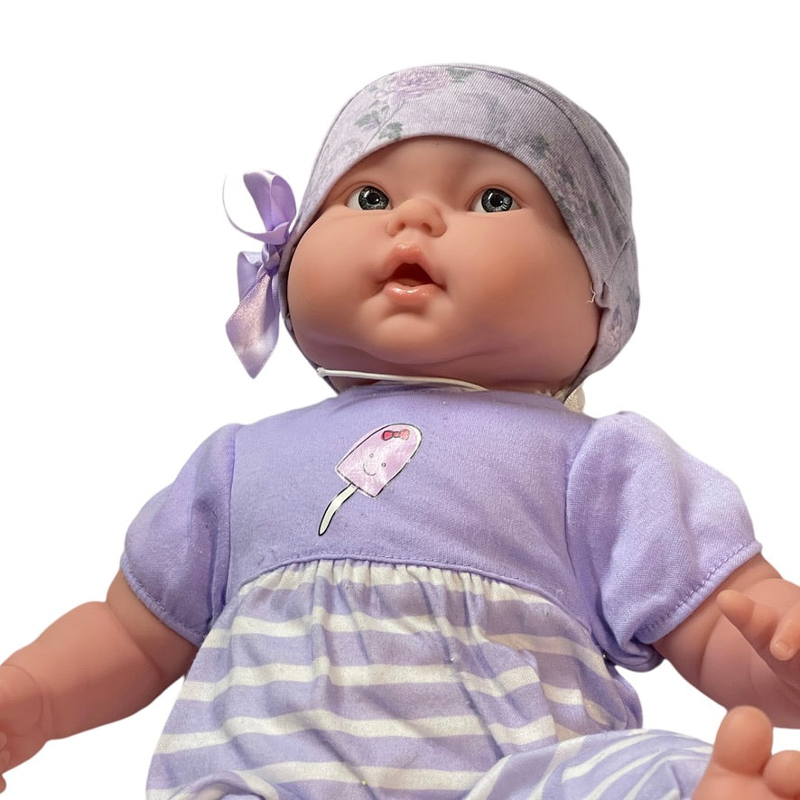 JC Toys La Newborn Real Baby Doll 18", Soother, Handmade Hat, Lavender Romper & Blanket