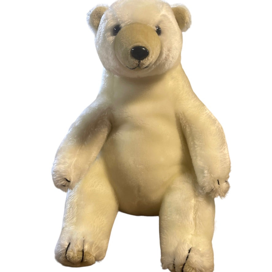 Vintage Polar Bear, Korea, Heron Distribution 13" Seated Realistic White Beige & Black Accents