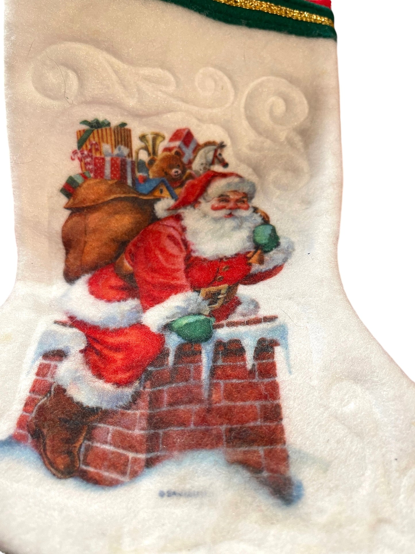 Vintage Print Christmas Stocking, 'Santa Going Down the Chimney' Felt 15" Tall, 8" Foot in EUC