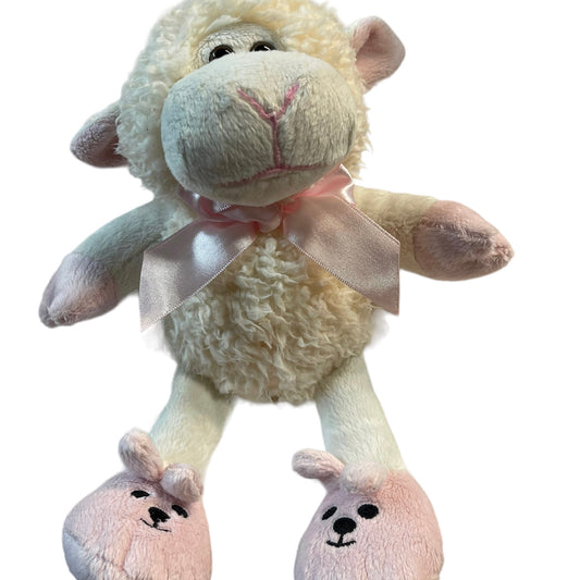 Fiesta Stuffed Sherpa Sheep With Pink Bunny Slippers and Pink Satin Bow