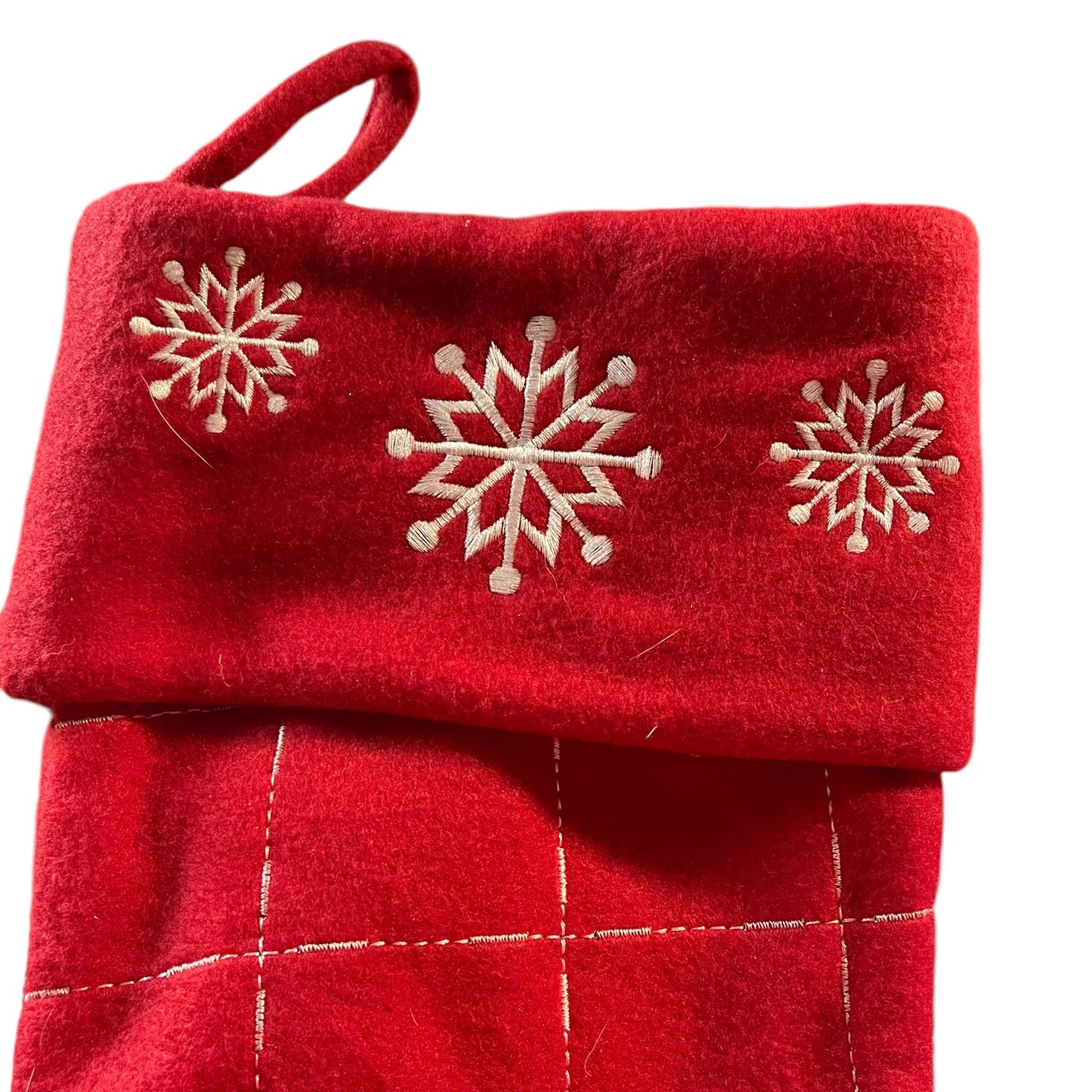 Generous Red Fleece Christmas Stocking, Gold Stitching and Embroidered Snowflakes in EUC