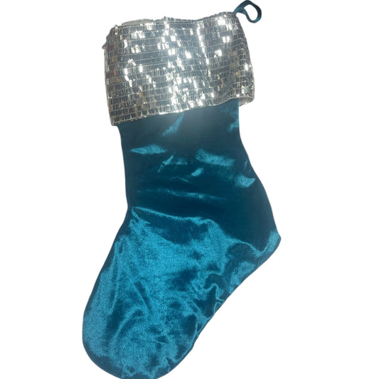 Holiday Sparkle Christmas Stocking  Silver Sequinned Cuff on a Shiny Peacock Blue Sock