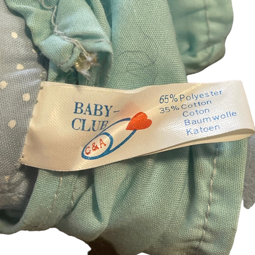 Vintage Baby Club C&A 8" Doll, Sweet  Vinyl Face, Cloth Body Yellow Yarn Hair Blue Romper