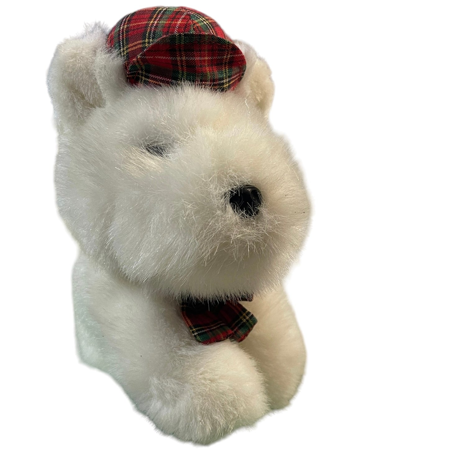 Vintage Radiance Westie Plush Stuffed Toy Dog, White with Jaunty Tartan Cap, Super Sweet!