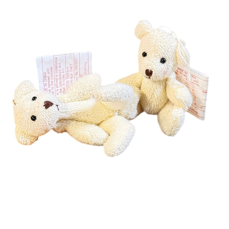 Tiny Jointed Teddy Bears, White Terry Towel with Stitched Nose & Mouth and Black Bead Eyes