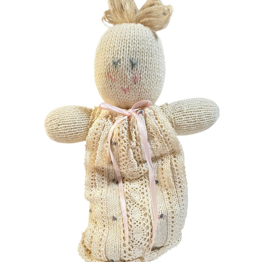 Exquisite Hand Knit Baby Doll in a Dainty Dress with Crocheted Lace, Ribbon & Embroidered Flowers