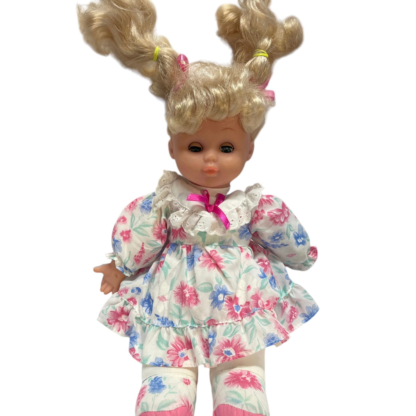 Vintage Vinyl & Plush Hung To Doll, Blond Curls, Open/Close Blue Eyes , Pretty Print Dress/Shoes