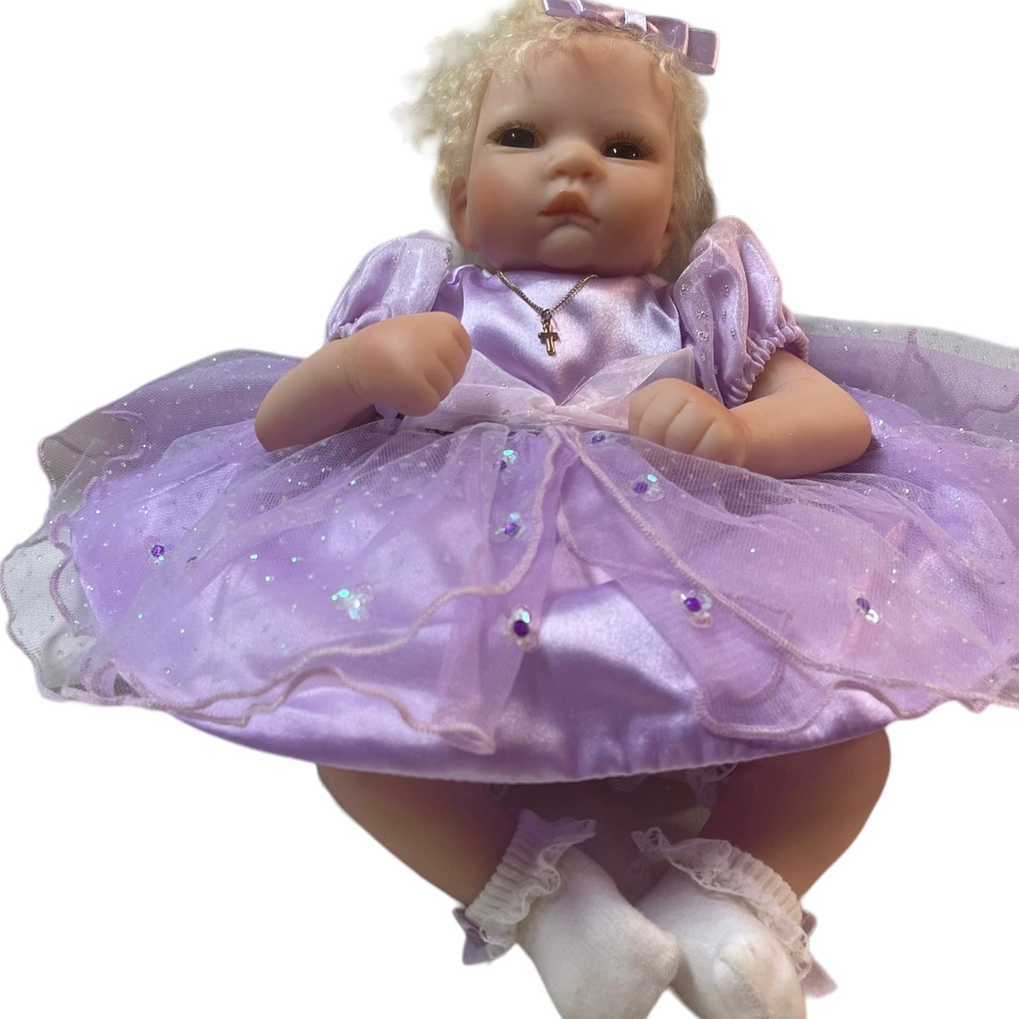 Precious Grace, Realistic Musical Vinyl Baby Doll by Ashton Drake 13.5" in EUC Silver Cross