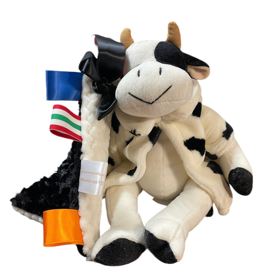 Russ Berrie Cream & Black 'Mooella' Plush  Cow, Fancy Jacket, Stitched Face & Lovey Tag
