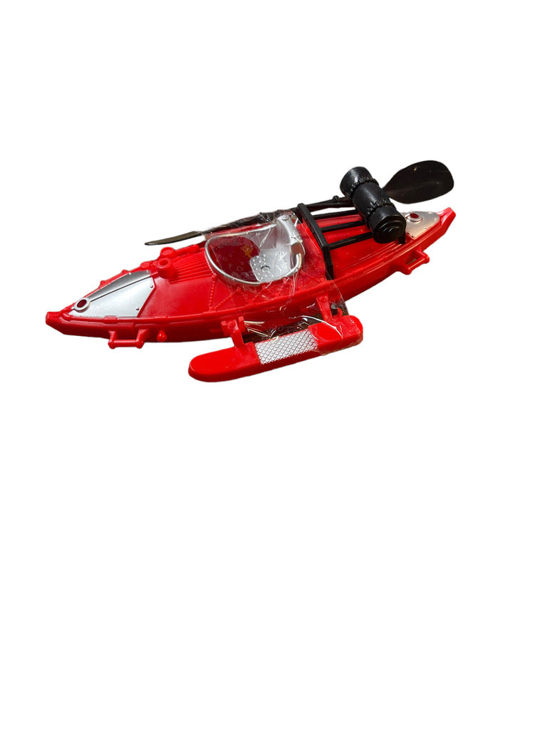 Red Plastic Kayak with Paddle, Black and Silver Accents in GUC