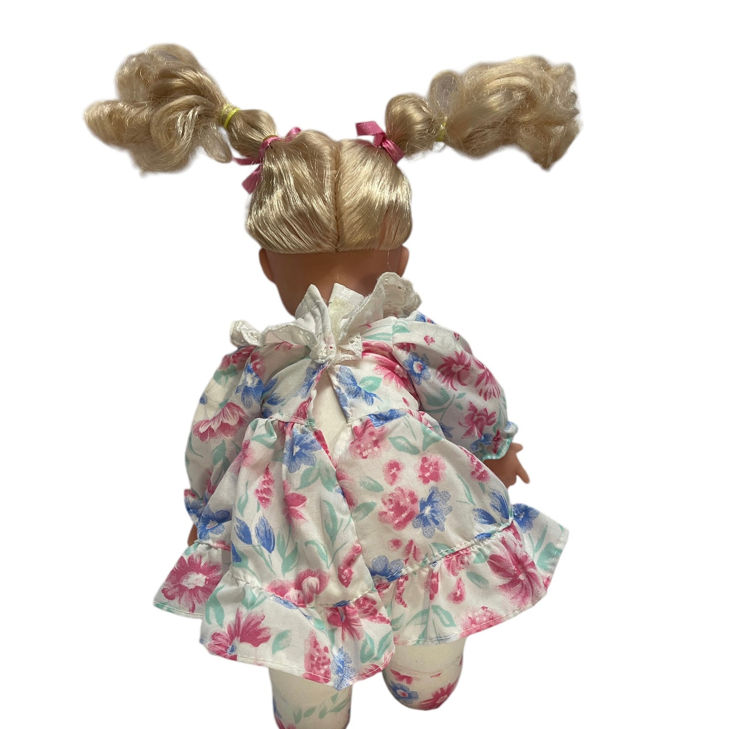 Vintage Vinyl & Plush Hung To Doll, Blond Curls, Open/Close Blue Eyes , Pretty Print Dress/Shoes