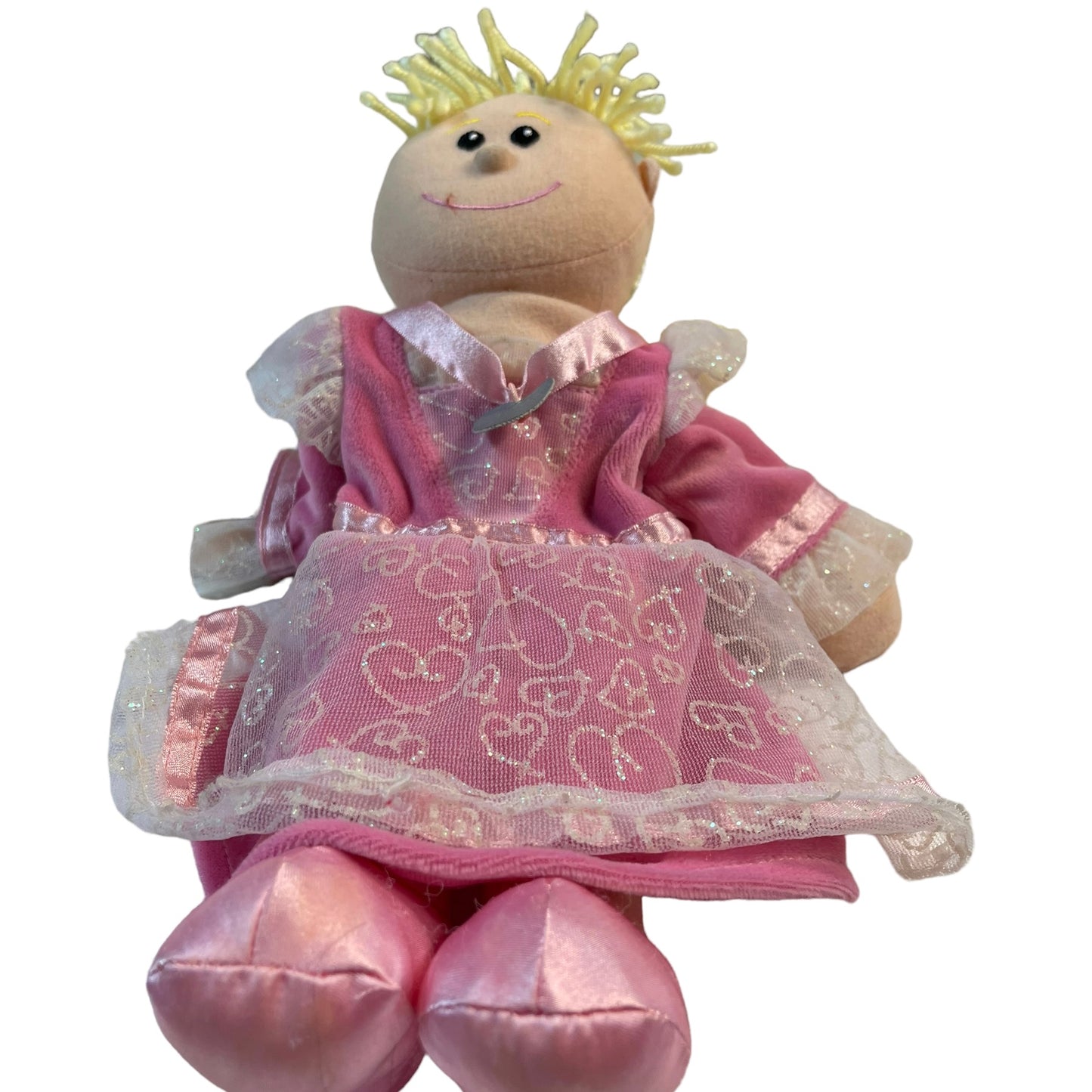 Fiesta Craft Princess Puppet in Pink with  Embroideed Face & Yellow Yarn Hair EUC