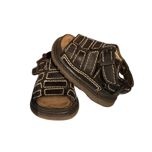 Wolfe Island Fisherman Sandals, Infant Size 2 Brown, Hook & Loop Closure Beige Stitching