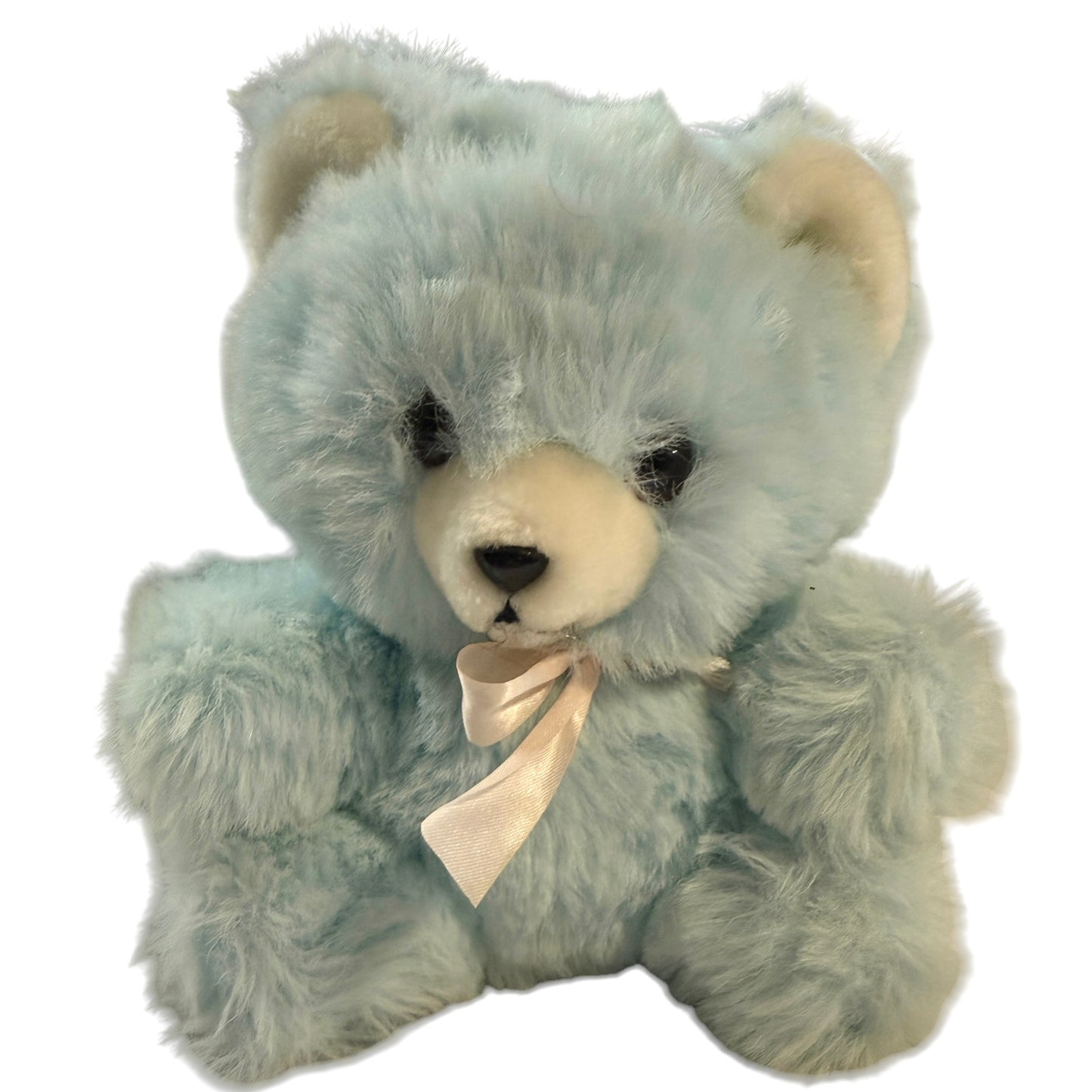 Adorable Vintage 8" Seated Soft Baby Blue Teddy Bear Rattle with White Snout & Black Features