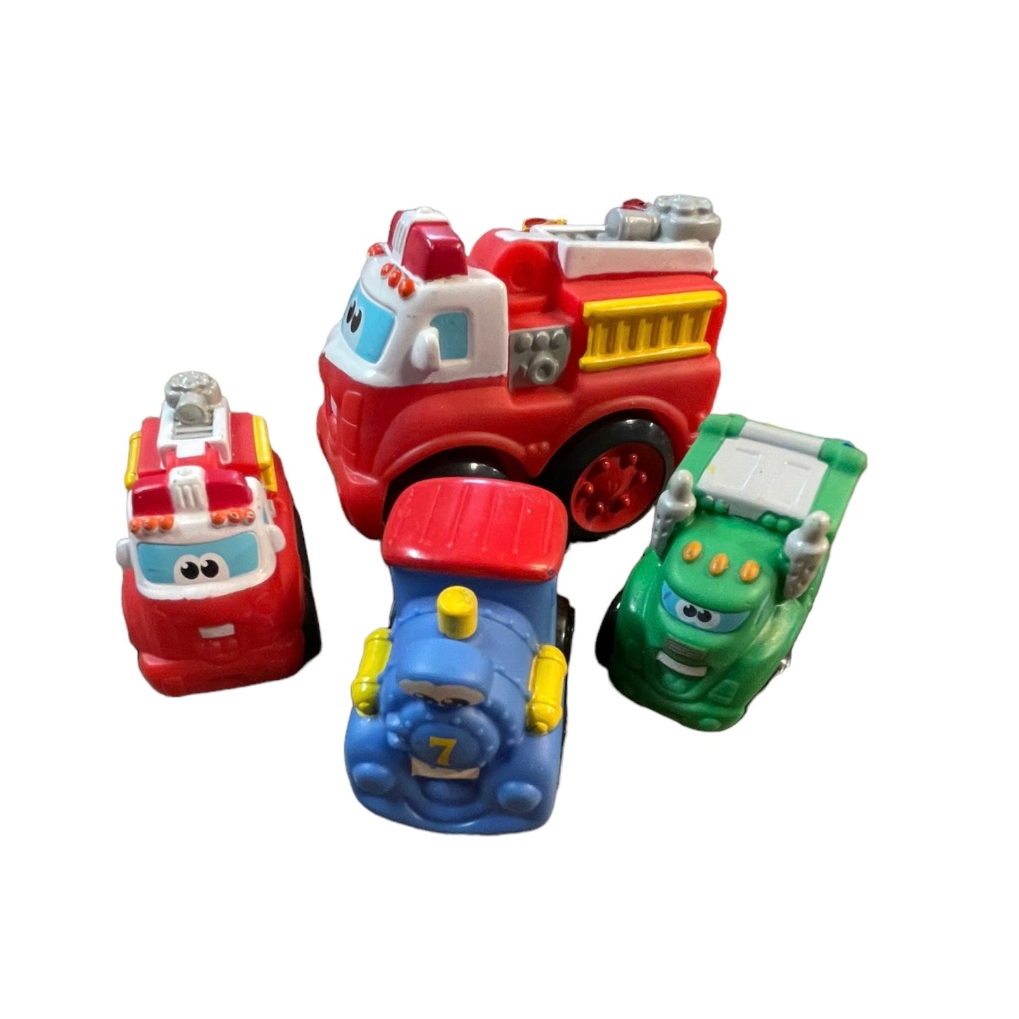 Tonka Lil Chuck and Friends Lot of 4, Big and Little Fire Trucks, Green Trash Truck & Blue Train #7