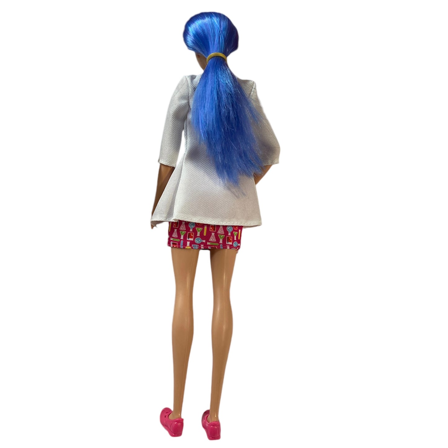 Barbie Scientist Doll,  Blue Hair, Pink & Blue Print Dress, Matching Pink Flats and Lab Coat GUC Mattel