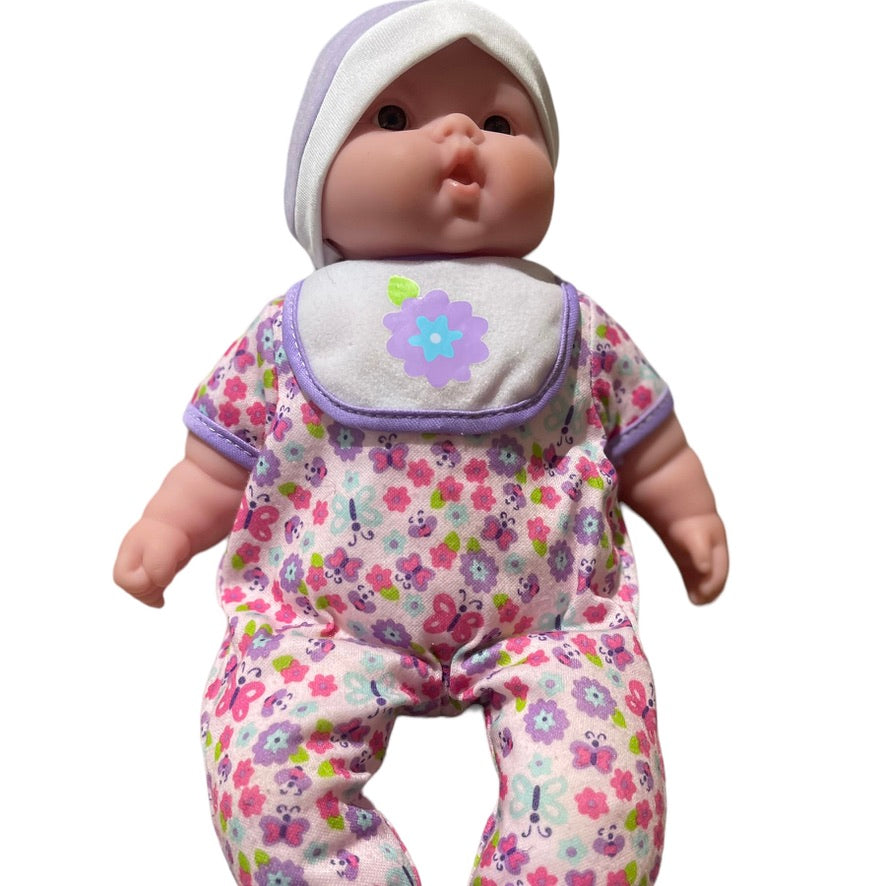 Berenguer 12" Vinyl & Cloth Baby Doll with Shiny Brown Eyes & Cute Floral Onesie