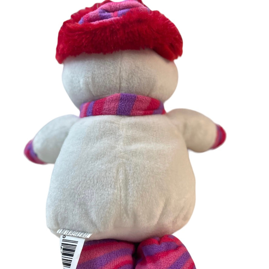 Stuffed 14" Snowman Plush Pink/ Purple Striped Clothes and a  Carrot Nose!