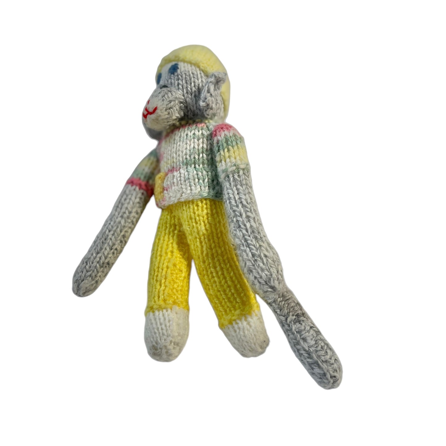 Hand Crafted Grey 9" Monkey, Variegated T-Shirt, Yellow Knit Pants & Cap and Embroidered Face