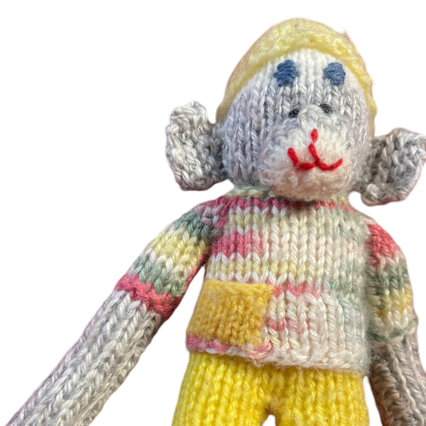 Hand Crafted Grey 9" Monkey, Variegated T-Shirt, Yellow Knit Pants & Cap and Embroidered Face