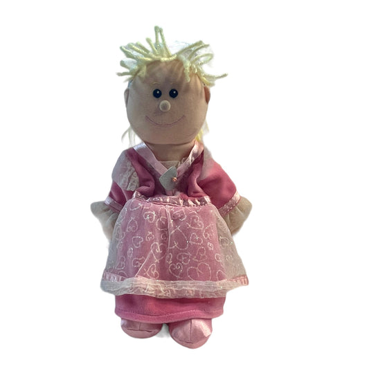 Fiesta Craft Princess Puppet in Pink with  Embroideed Face & Yellow Yarn Hair EUC