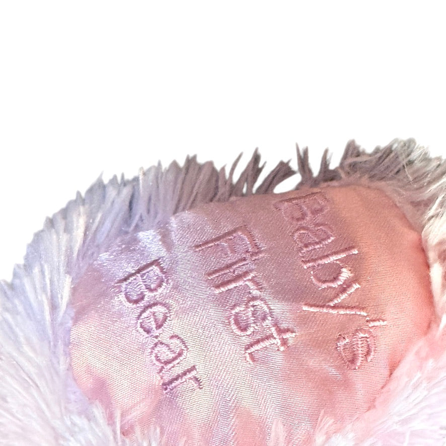 Bearington Baby's First Bear & Ribbon Tag Lovey, Shaggy Pink, Satin Accents, Stitched Features,