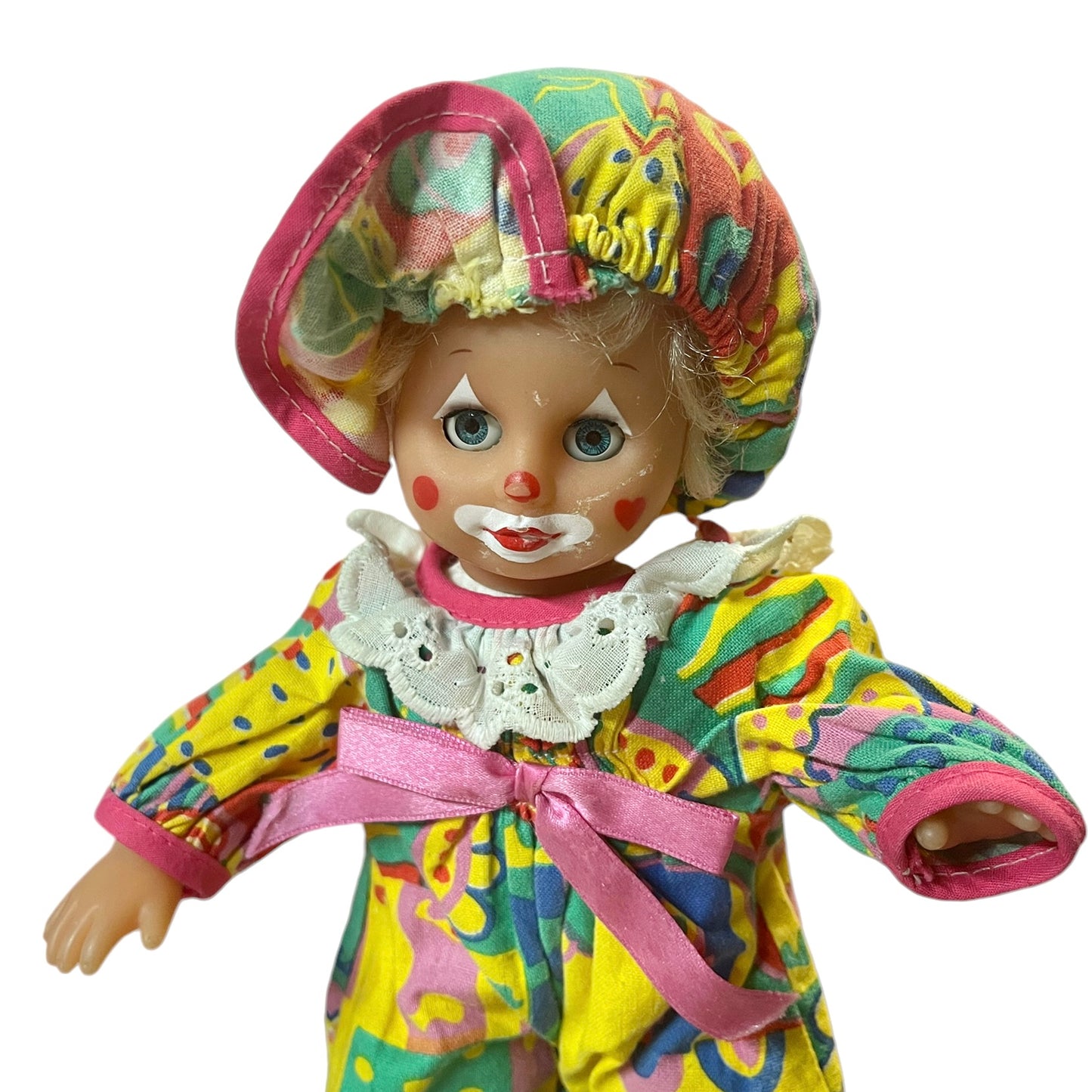 Tiny TurkishClown Faced  Doll In Bright Printed Romper & Matching Cap,  9" in GUC