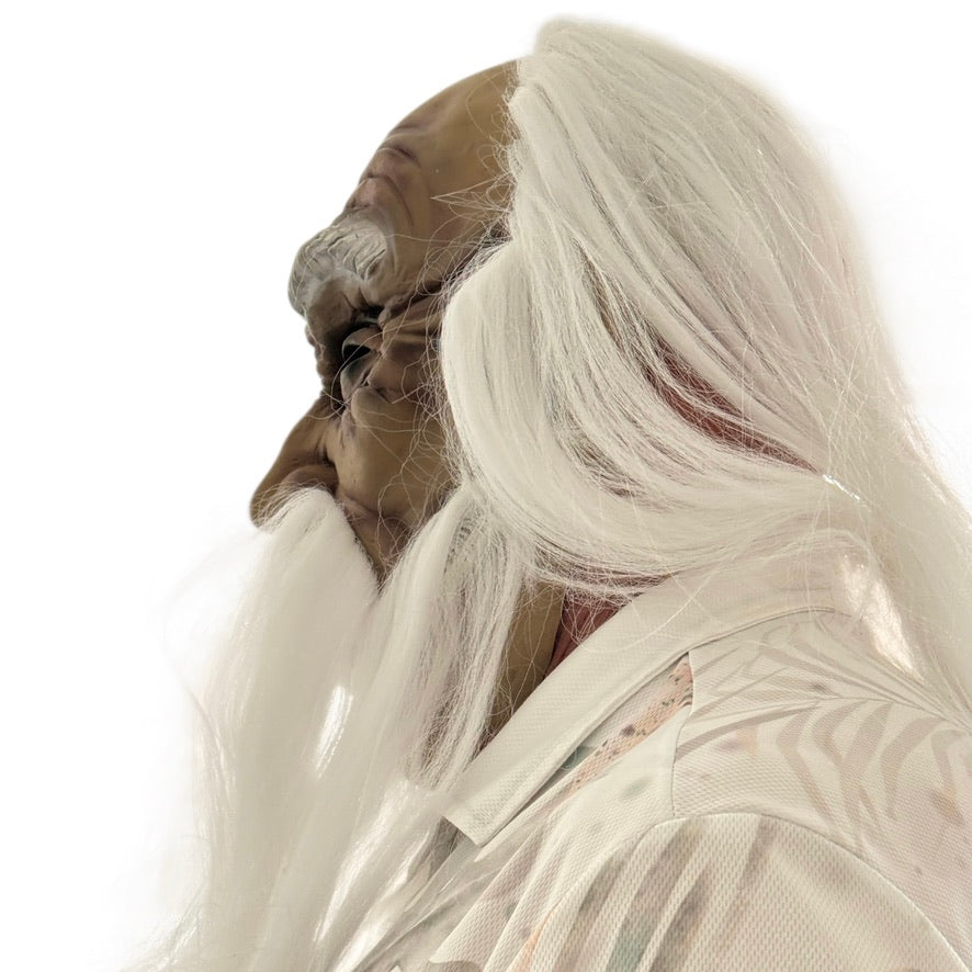 Halloween Mask of Ghoulish Old Man, with Long White Hair, Beard, Fu Manchu & Bushy Eyebrows