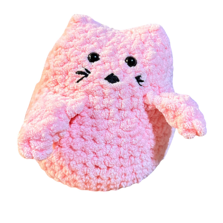 Hand Crocheted Pink Kitten, 6" with Cuddly Body, Long Tail and Stitched Black Nose & Whiskers!