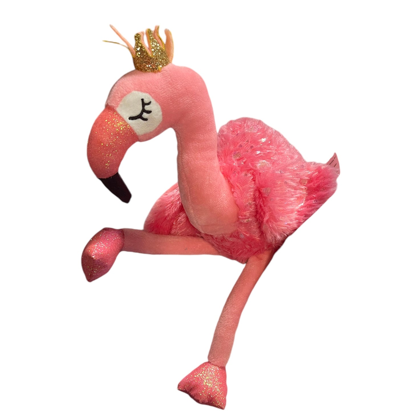 Pink Flamingo, Fluffy,Shiny and Very Sparkly!, Gold Crown, Embroidered Closed Eyes, Long Legs!