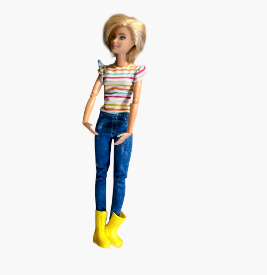Barbie Fashionista, Made to Move Doll, in Faded Jeans, Striped Tee & Yellow Boots! In EUC
