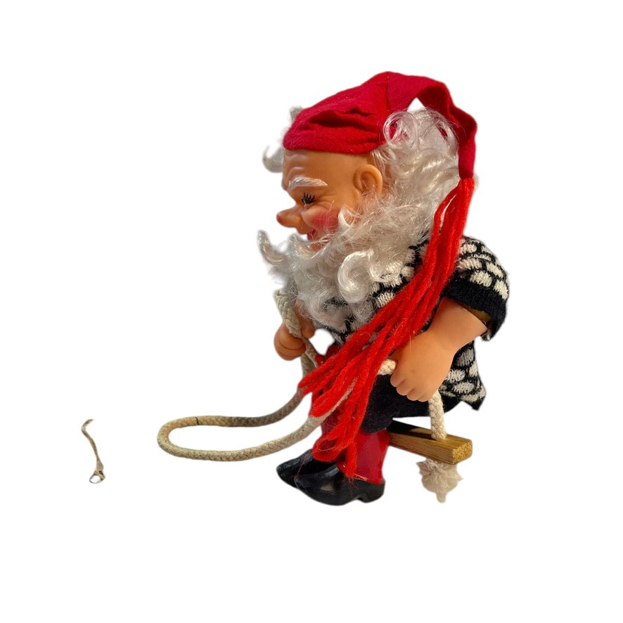 Rubber Faced Vintage Swedish Christmas Elf on a Swing, Flowing White Beard, Gap Toothed Grin